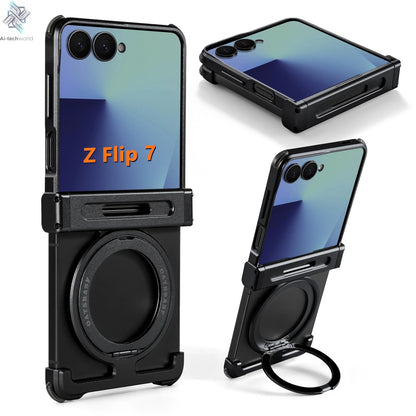 Oatsbasf Metal Frameless Phone Case for Samsung Galaxy Z Flip 7/6 with 360°Rotation Ring Stand Bumper Protective Z Flip 7 6 Case Ai-TechWorld 