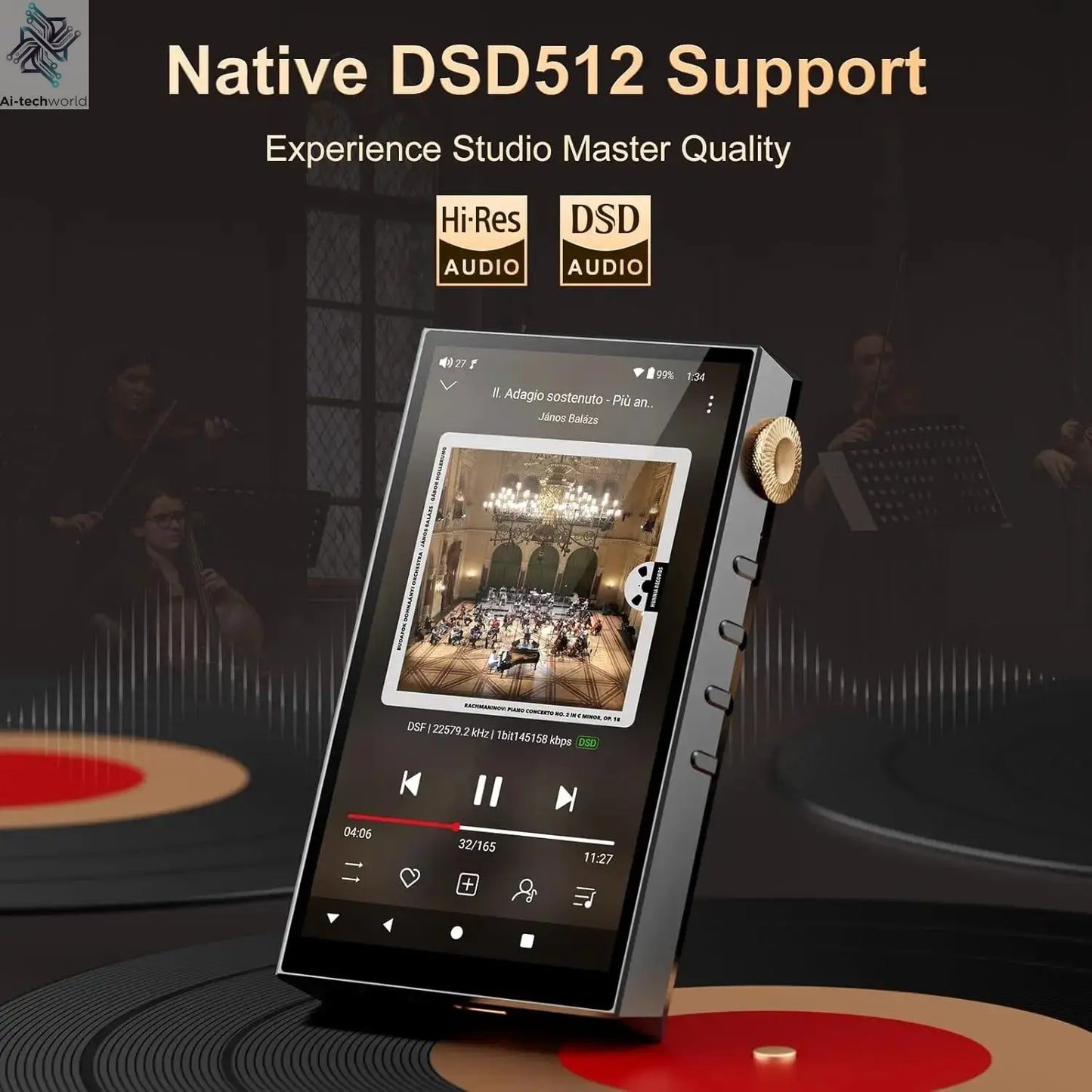 Oilsky 160GB HiFi Hi-Res Audio Player,  Bluetooth and WiFi, 4.4mm Balanced, Dual ESS DAC, 4.02" Digital DSD512 Lossless Spotify Ai-TechWorld 
