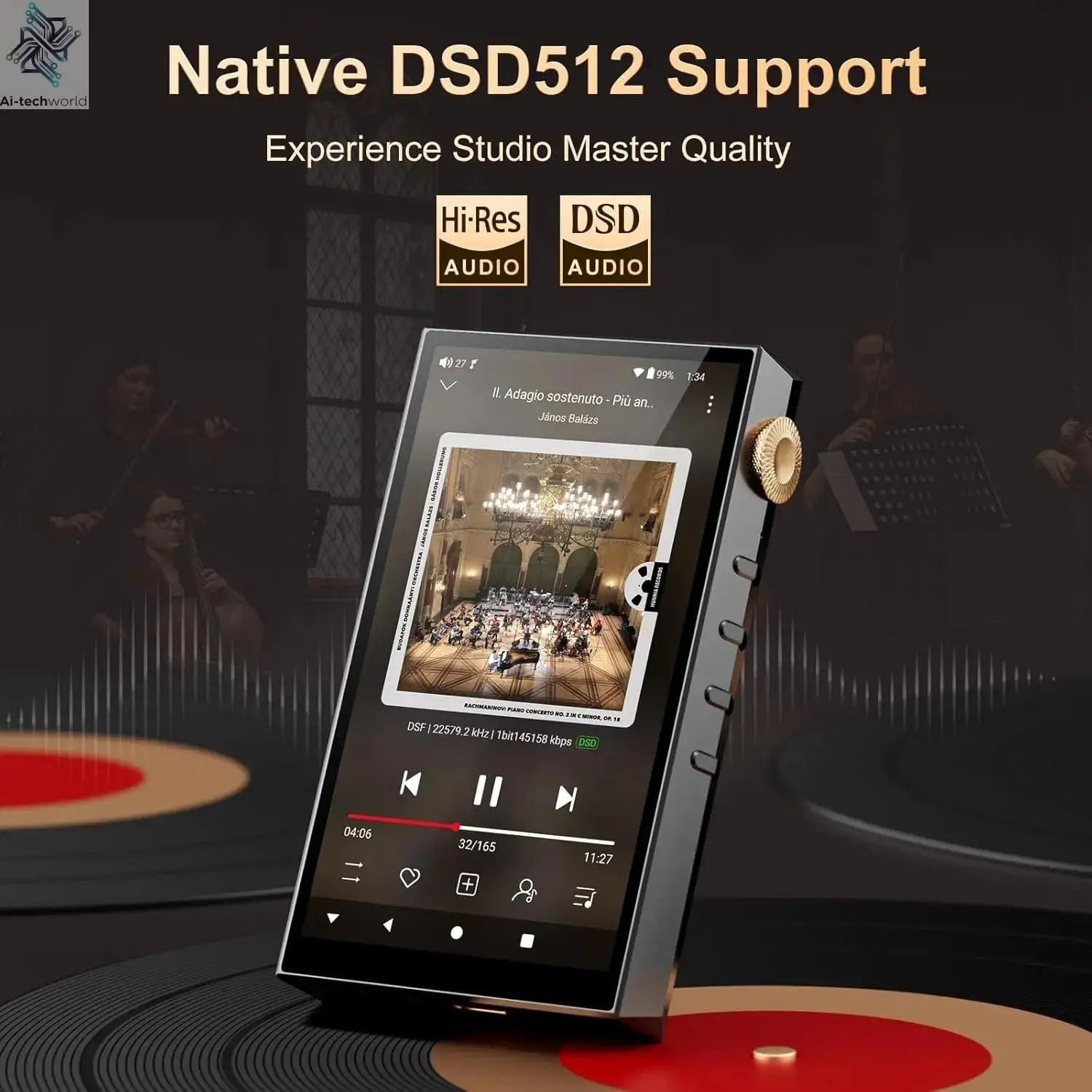 Oilsky 160GB HiFi Hi-Res Audio Player,  Bluetooth and WiFi, 4.4mm Balanced, Dual ESS DAC, 4.02" Digital DSD512 Lossless Spotify Ai-TechWorld 
