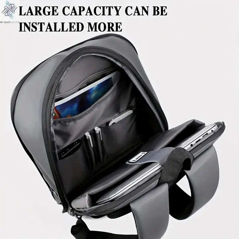 One men's plain business backpack with a luggage strap for commuting. Ai-TechWorld 