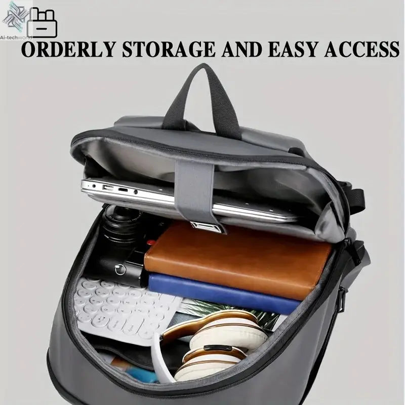 One men's plain business backpack with a luggage strap for commuting. Ai-TechWorld 
