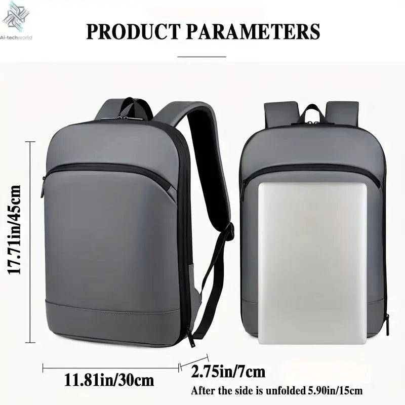 One men's plain business backpack with a luggage strap for commuting. Ai-TechWorld 