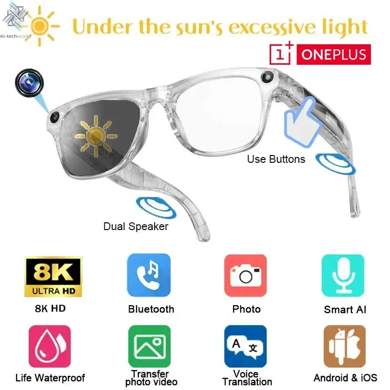 Oneplus Smart 8K AI Glasses With 100mp Camera Chat Gpt Touch Sport Sunglasses Bluetooth Calling Music Player For Men Women Gift - Ai-TechWorld