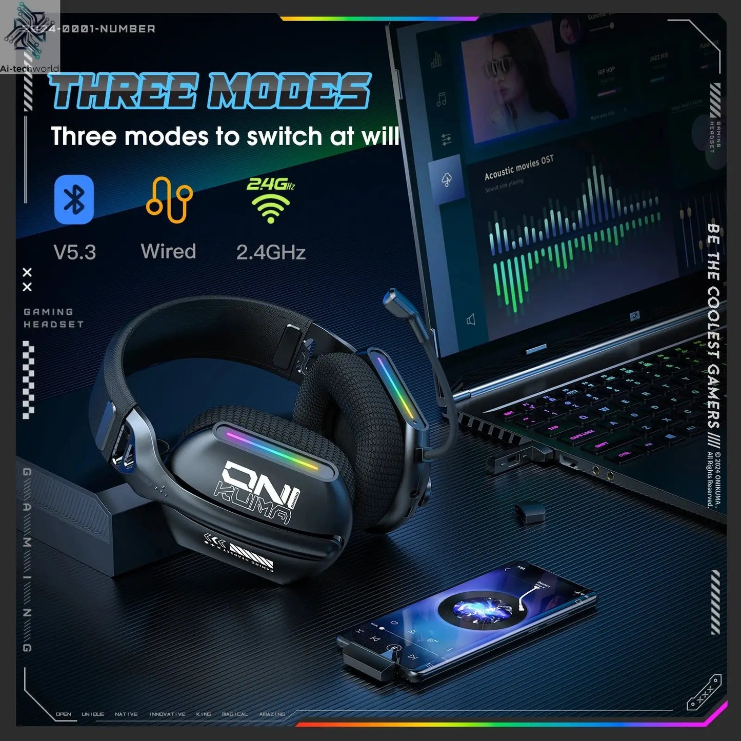 Onikuma Gt808 Three Modes with Mic E-Sports Wireless Gaming Headset Rgb Lighting Supports Bluetooth 5.3 / 2.4g / Aux 3.5mm Ai-TechWorld 