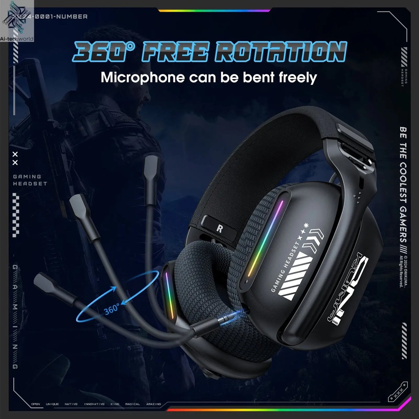 Onikuma Gt808 Three Modes with Mic E-Sports Wireless Gaming Headset Rgb Lighting Supports Bluetooth 5.3 / 2.4g / Aux 3.5mm Ai-TechWorld 