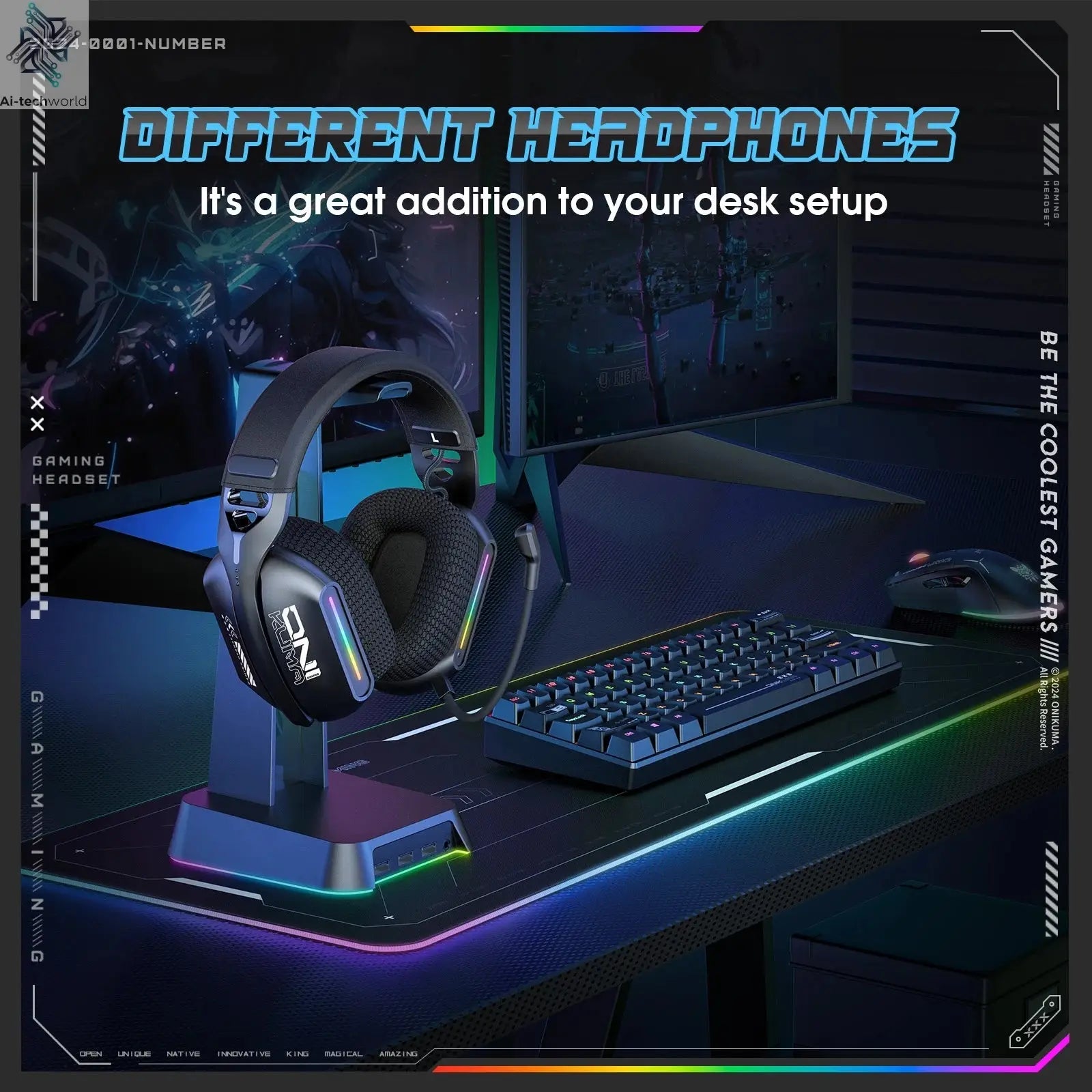 Onikuma Gt808 Three Modes with Mic E-Sports Wireless Gaming Headset Rgb Lighting Supports Bluetooth 5.3 / 2.4g / Aux 3.5mm Ai-TechWorld 
