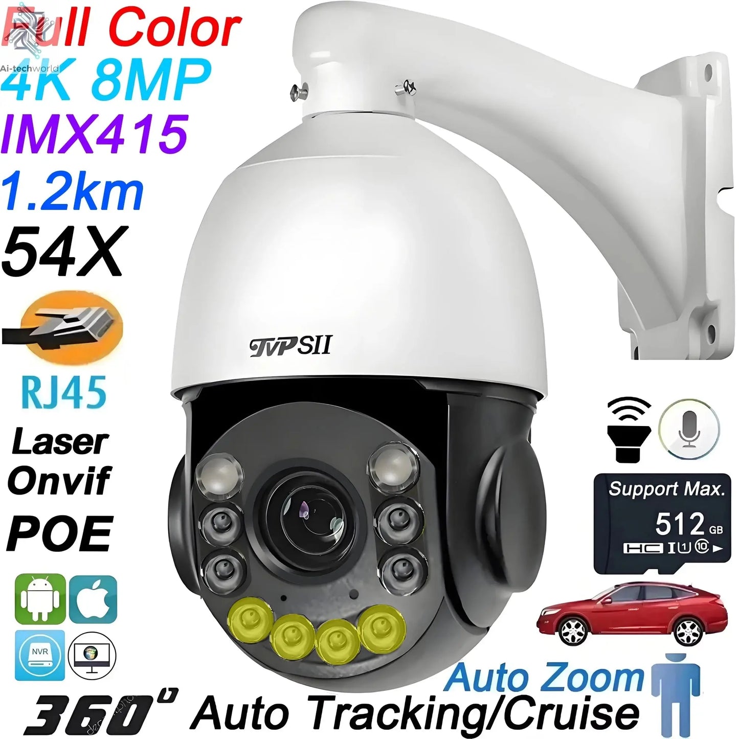Onvif Metal Laser Infrared Full Color Auto Tracking Cruise 8MP 4K 54X Optics Zoom 360° POE PTZ Speed Dome Surveillance IP Camera - Ai - TechWorld