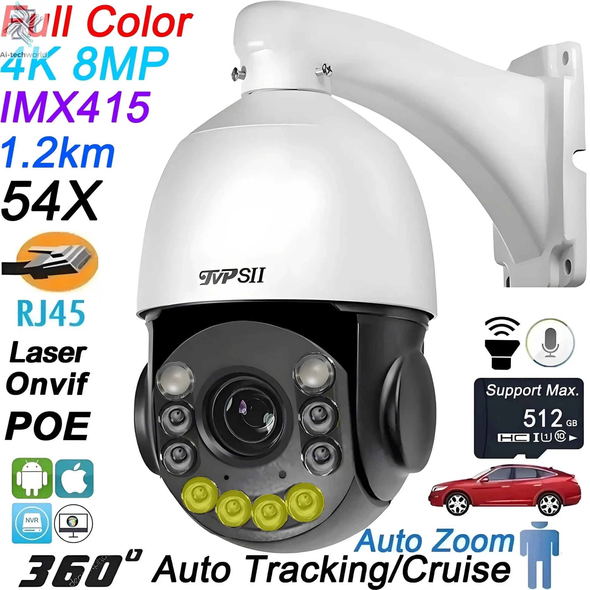 Onvif Metal Laser Infrared Full Color Auto Tracking Cruise 8MP 4K 54X Optics Zoom 360° POE PTZ Speed Dome Surveillance IP Camera - Ai - TechWorld