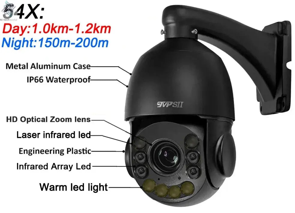 Onvif Metal Laser Infrared Full Color Auto Tracking Cruise 8MP 4K 54X Optics Zoom 360° POE PTZ Speed Dome Surveillance IP Camera - Ai - TechWorld