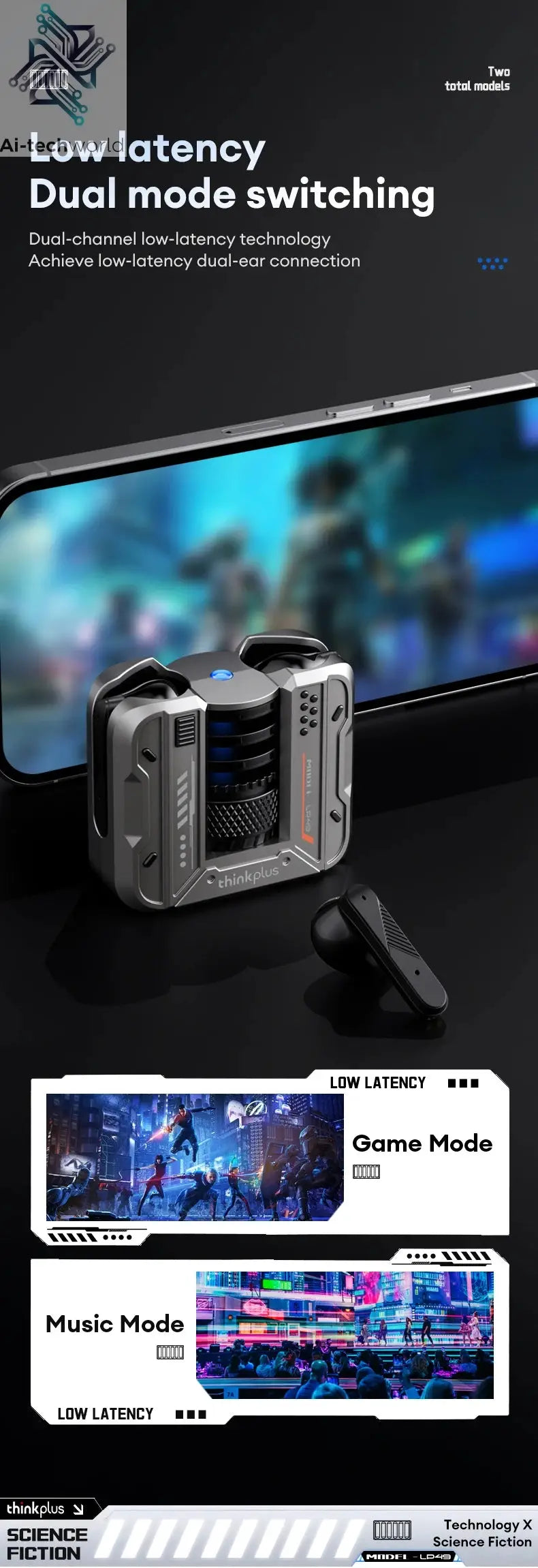 Original Lenovo LP49 Wireless Gaming Earphones Noise Reduction Daul Mode HD Call Earbuds Low Latency Bluetooth 5.4 Headphones Ai-TechWorld 