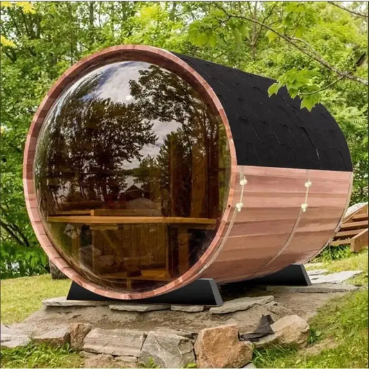 Outdoor Panoramic Barrel Sauna Room, 4-6 Person Hemlock Wood Design with 220V 6KW Electric Heater and Full Accessories Ai-TechWorld 