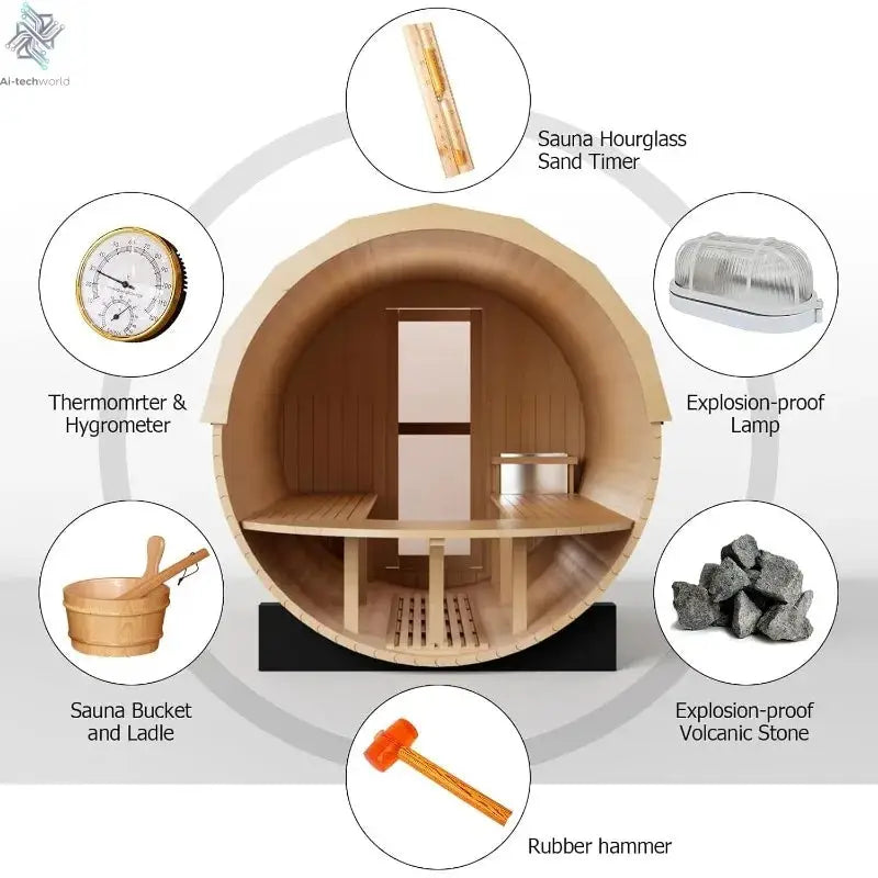 Outdoor Panoramic Barrel Sauna Room, 4-6 Person Hemlock Wood Design with 220V 6KW Electric Heater and Full Accessories Ai-TechWorld 