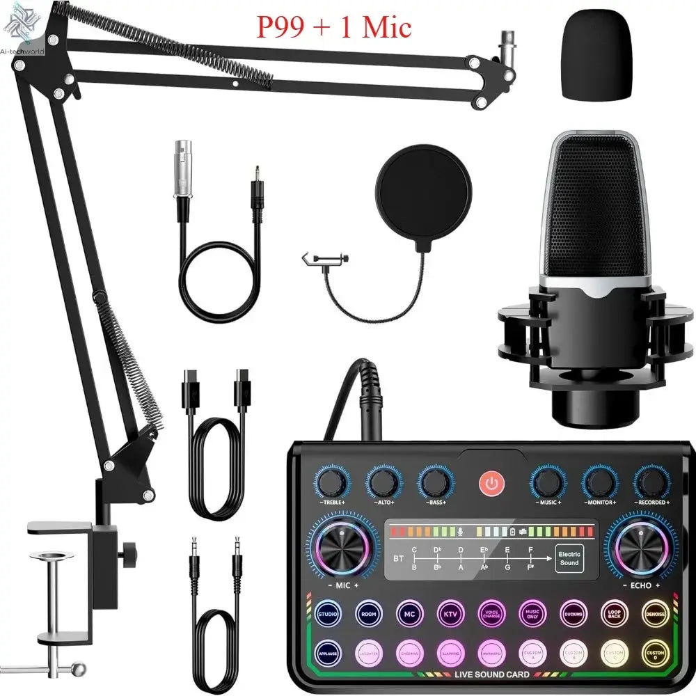 P99 Live Sound Card Podcast Equipment Live Broadcast DJ Device with MC98 Microphone Set For Music/Recording Live Streaming Ai-TechWorld 