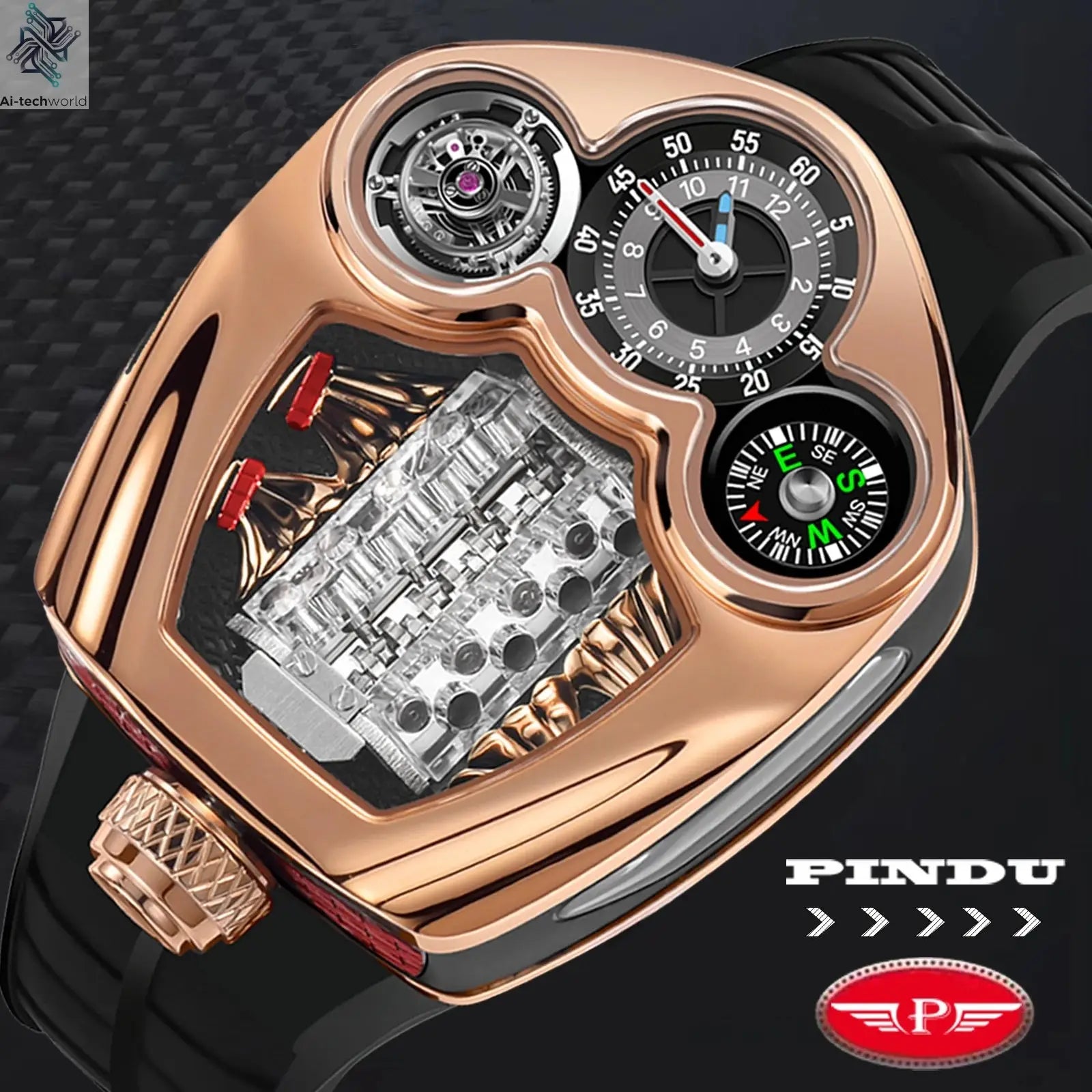 PINDU NEW Design Engine Series Quartz Watch Men TOP-luxurious Stainless steel Compass Waterproof Swiss quartz 762 movement watch Ai-TechWorld 