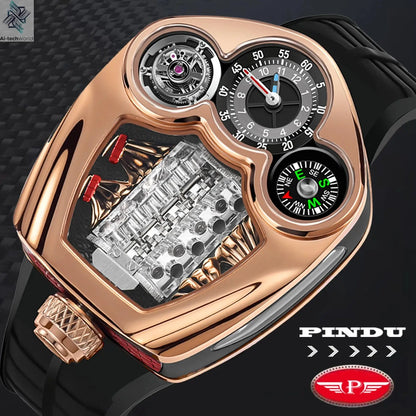 PINDU NEW Design Engine Series Quartz Watch Men TOP-luxurious Stainless steel Compass Waterproof Swiss quartz 762 movement watch Ai-TechWorld 