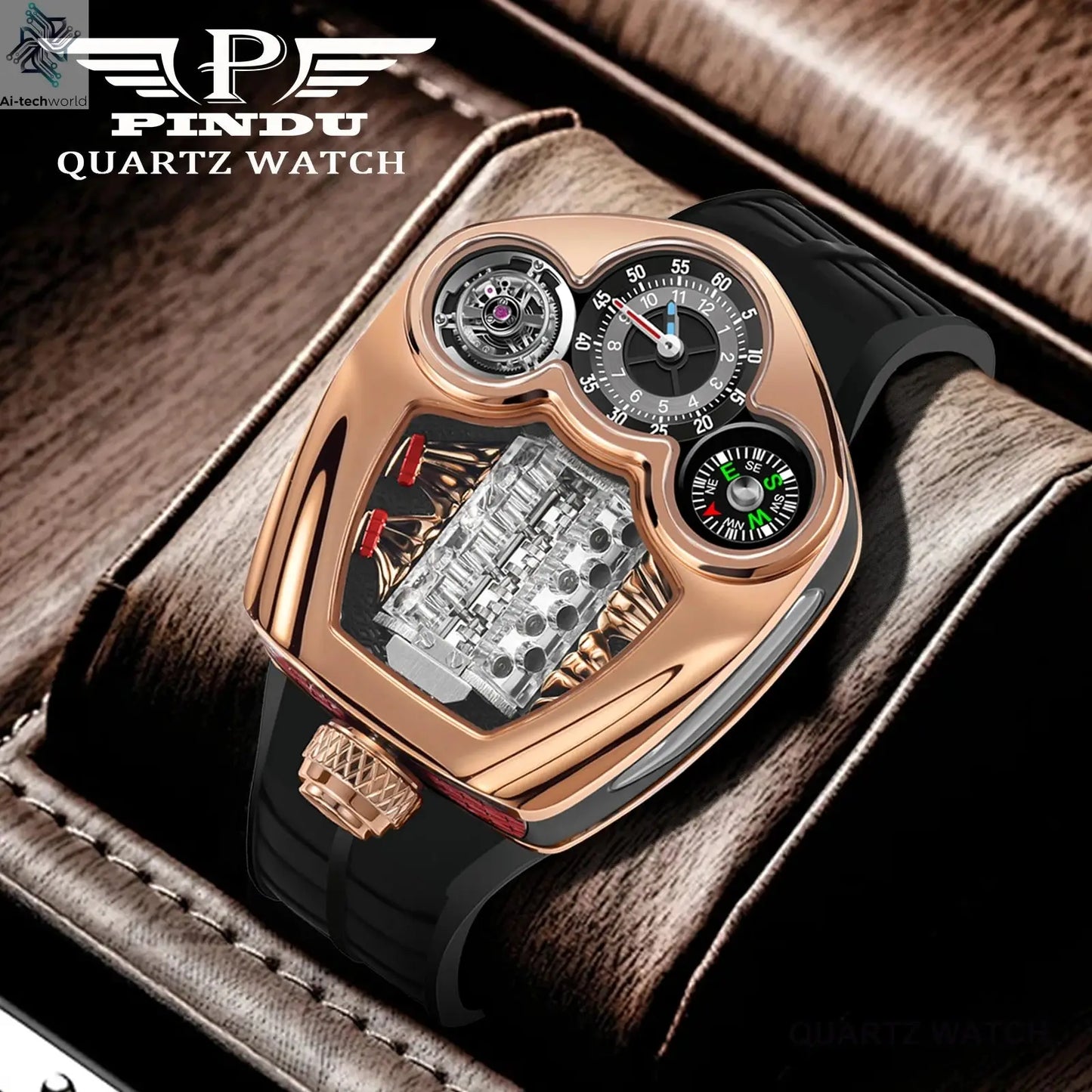 PINDU NEW Design Engine Series Quartz Watch Men TOP-luxurious Stainless steel Compass Waterproof Swiss quartz 762 movement watch Ai-TechWorld 