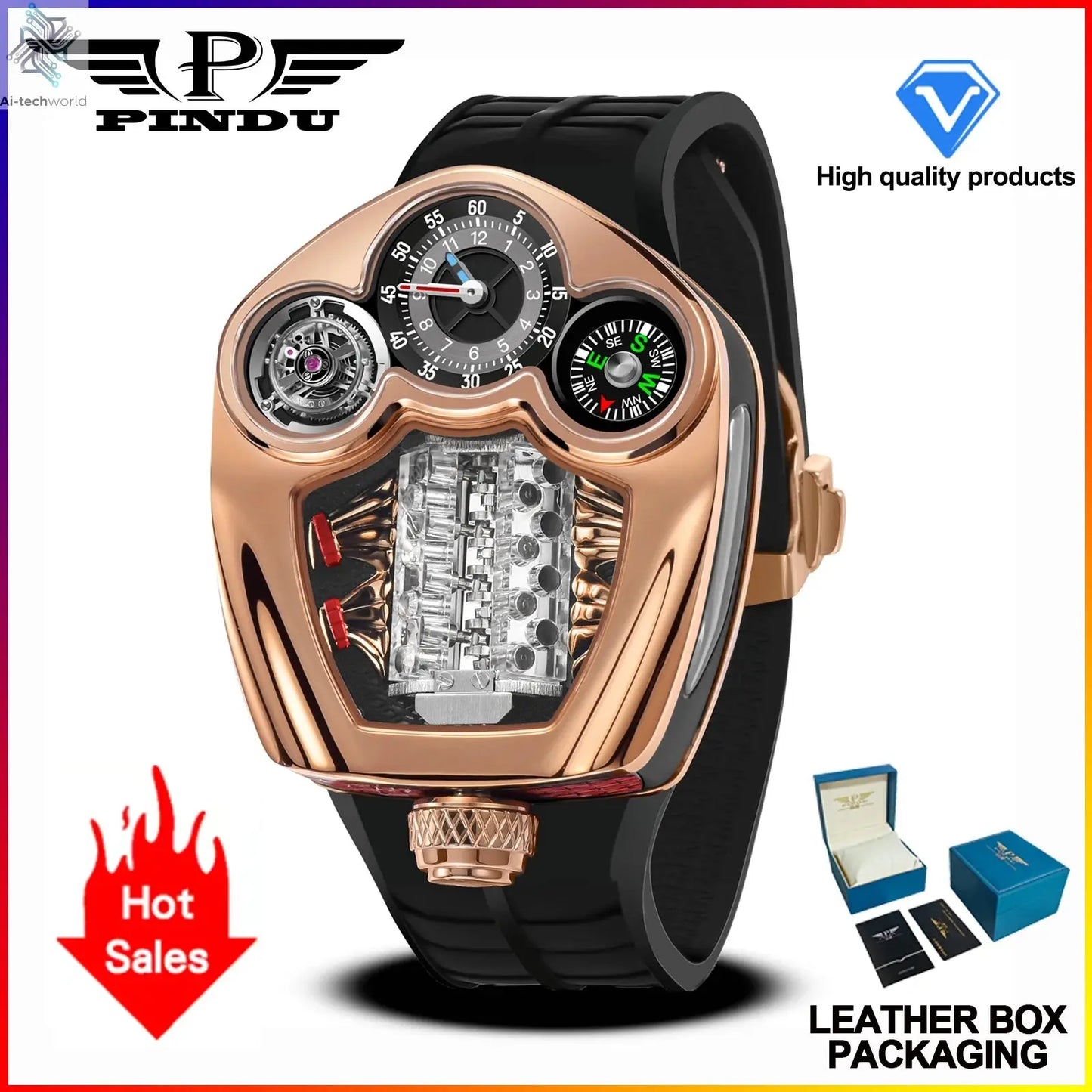 PINDU NEW Design Engine Series Quartz Watch Men TOP-luxurious Stainless steel Compass Waterproof Swiss quartz 762 movement watch Ai-TechWorld 