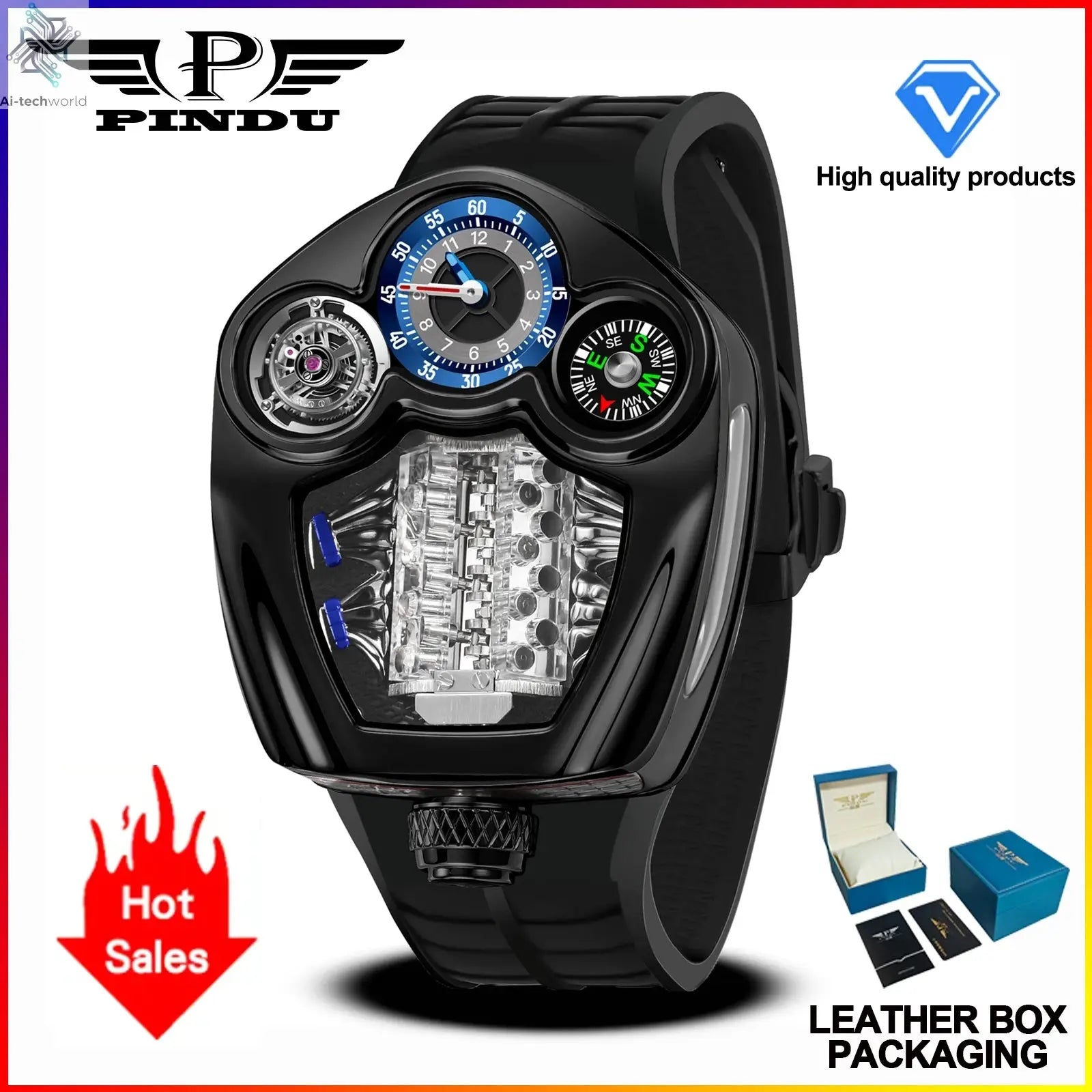 PINDU NEW Design Engine Series Quartz Watch Men TOP-luxurious Stainless steel Compass Waterproof Swiss quartz 762 movement watch Ai-TechWorld 