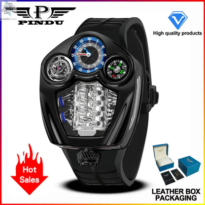 PINDU NEW Design Engine Series Quartz Watch Men TOP-luxurious Stainless steel Compass Waterproof Swiss quartz 762 movement watch Ai-TechWorld 
