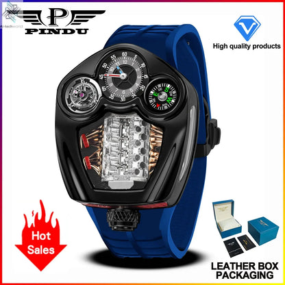PINDU NEW Design Engine Series Quartz Watch Men TOP-luxurious Stainless steel Compass Waterproof Swiss quartz 762 movement watch Ai-TechWorld 