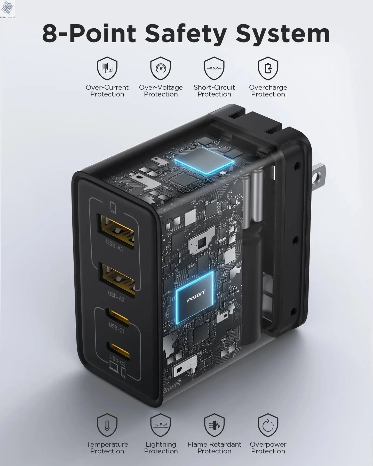 PISEN 65W 4-Port GaN Charger w/ 4FT C-C Cable, Fast Charge for MacBook, iPhone 16-14, iPad, Galaxy S24, Pixel 8, Steam Deck Ai-TechWorld 