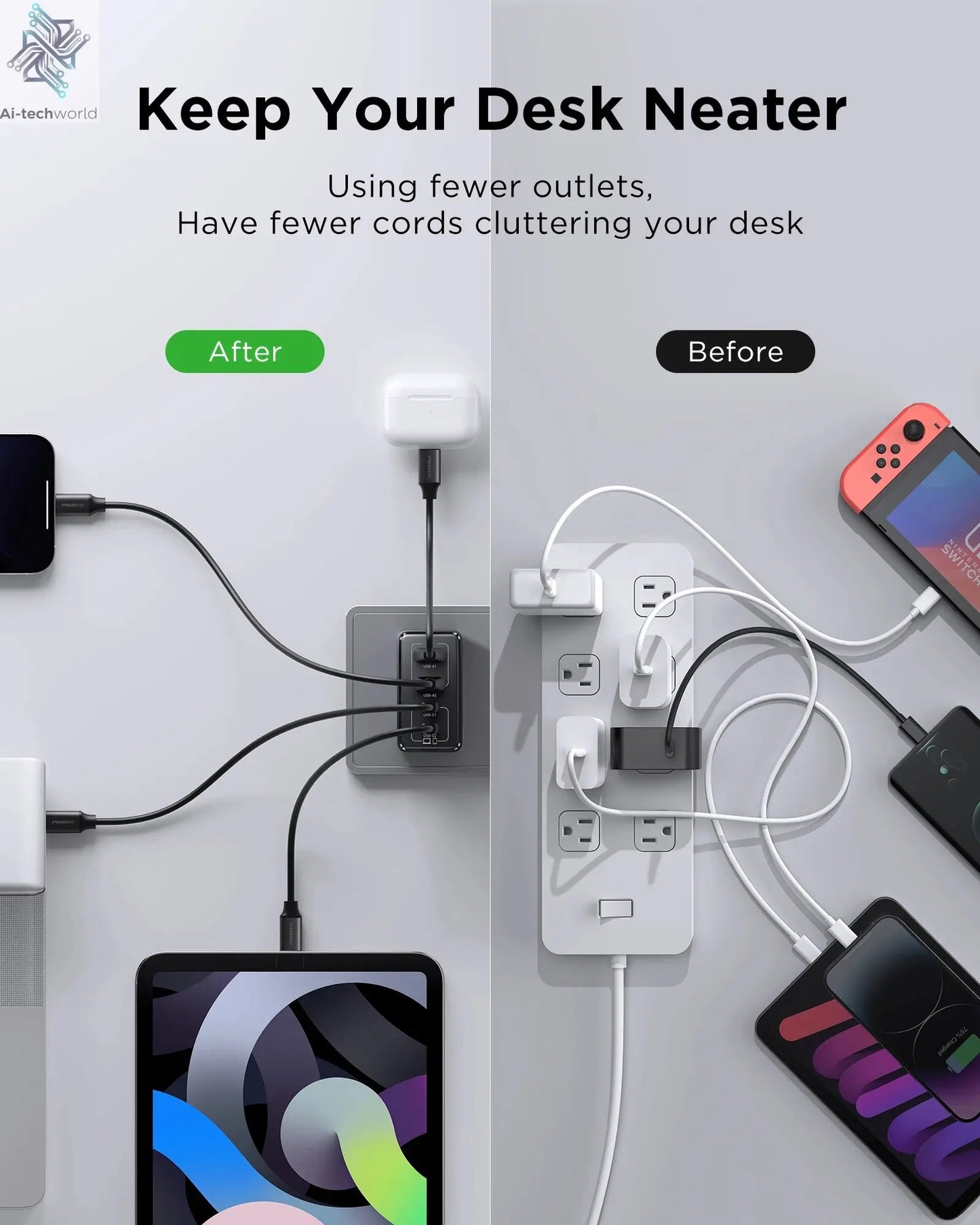 PISEN 65W 4-Port GaN Charger w/ 4FT C-C Cable, Fast Charge for MacBook, iPhone 16-14, iPad, Galaxy S24, Pixel 8, Steam Deck Ai-TechWorld 