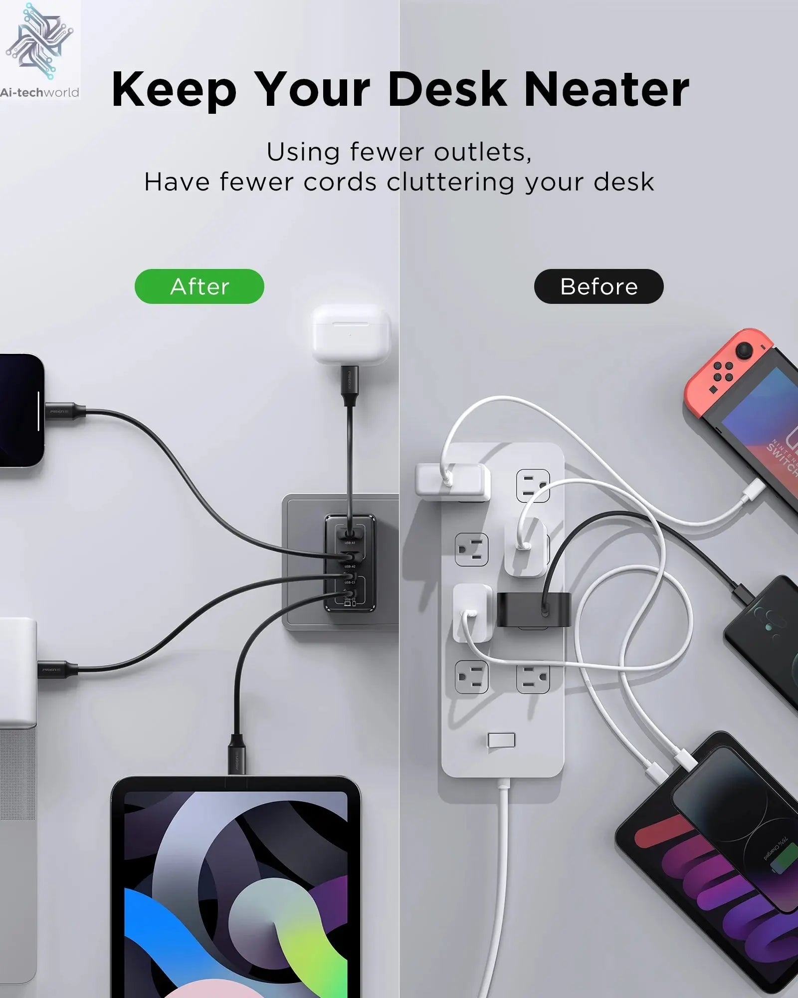 PISEN 65W 4-Port GaN Charger w/ 4FT C-C Cable, Fast Charge for MacBook, iPhone 16-14, iPad, Galaxy S24, Pixel 8, Steam Deck Ai-TechWorld 