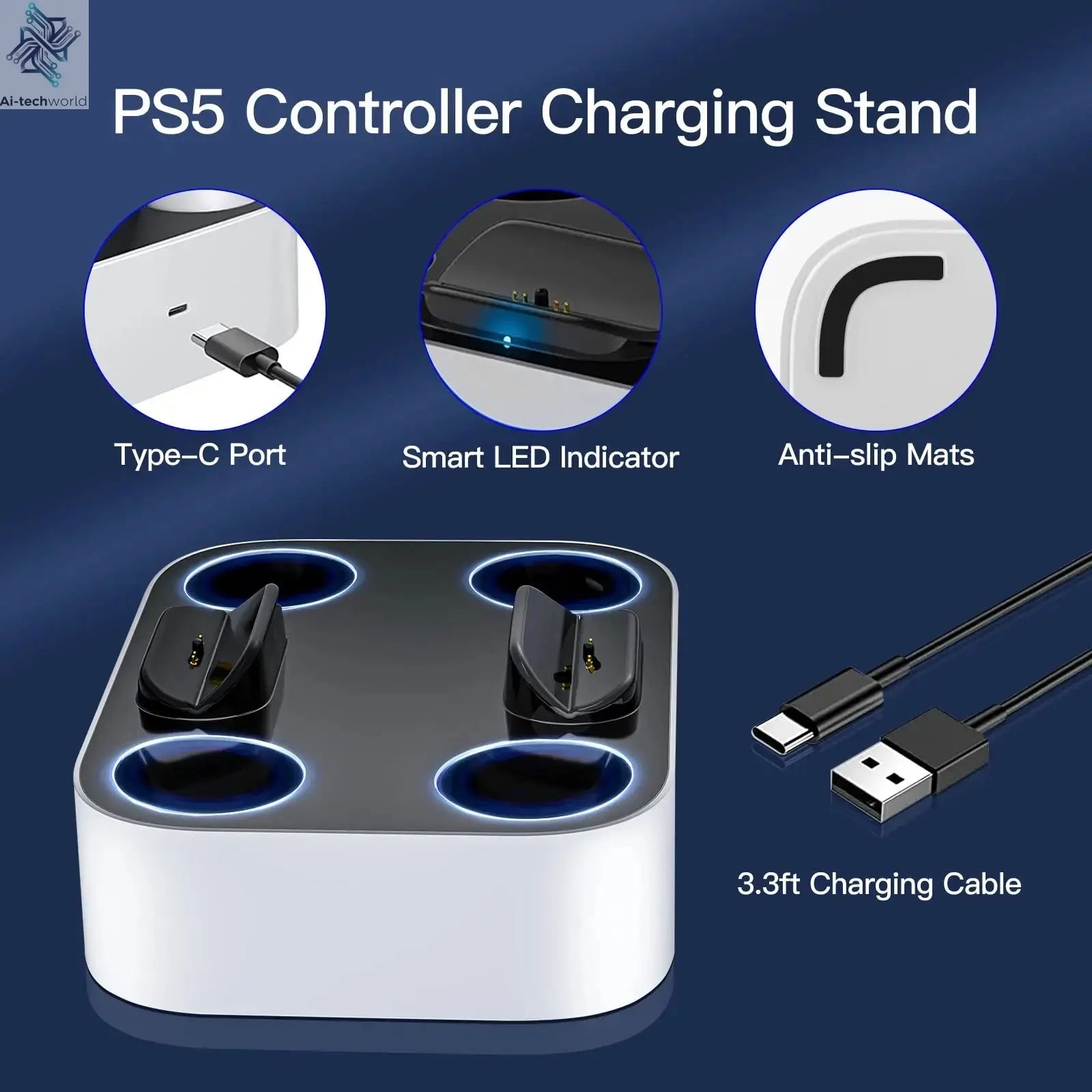 PS5 Controller Charger Station for Playstation 5 Dual for for DualSense Edge Control Fast Charging Dock Stand with Cable Ai-TechWorld 