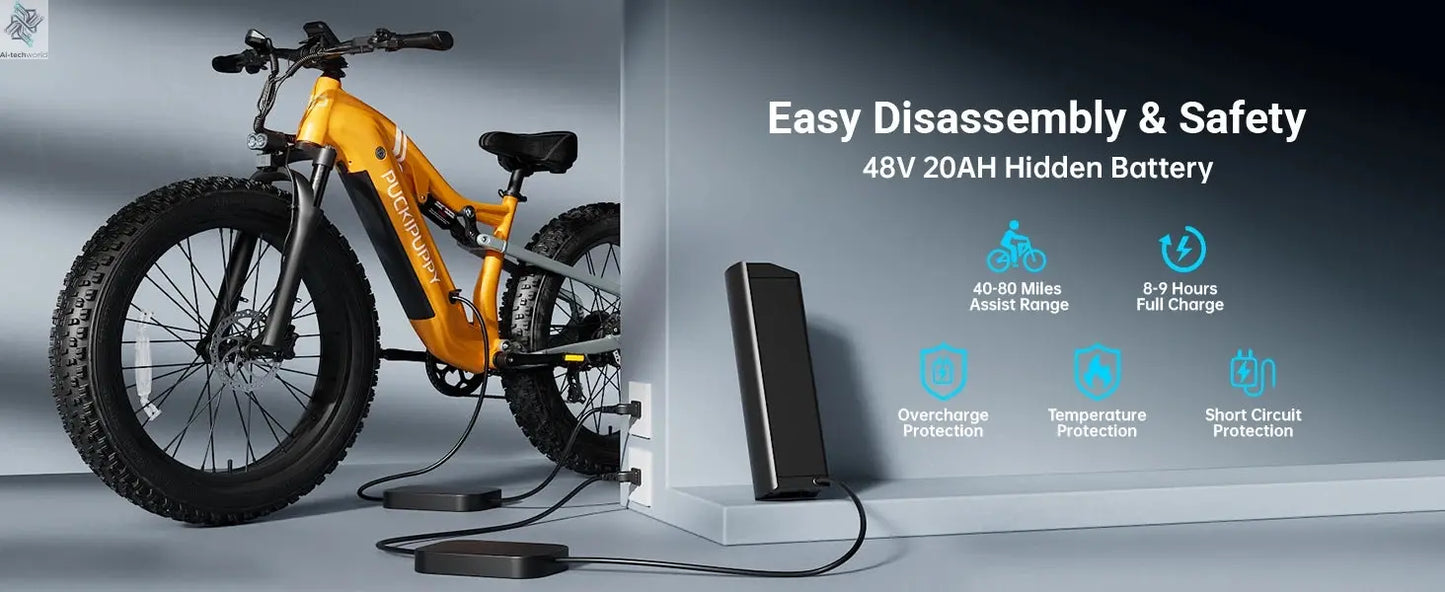 PUCKIPUPPY Labrador pro Electric Bike 1350W Peak 48V 20AH Battery Ebike 26" Fat Tire Electric Mountain Bike 2-Year Warranty Ai-TechWorld 