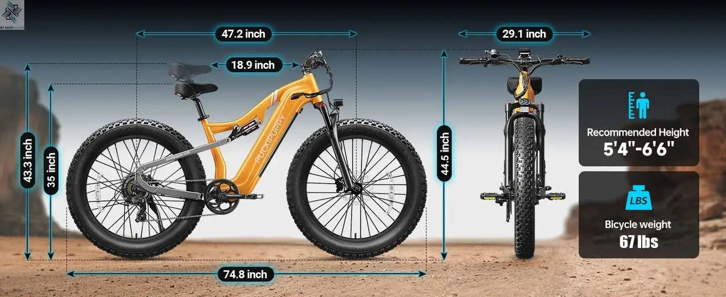 PUCKIPUPPY Labrador pro Electric Bike 1350W Peak 48V 20AH Battery Ebike 26" Fat Tire Electric Mountain Bike 2-Year Warranty Ai-TechWorld 