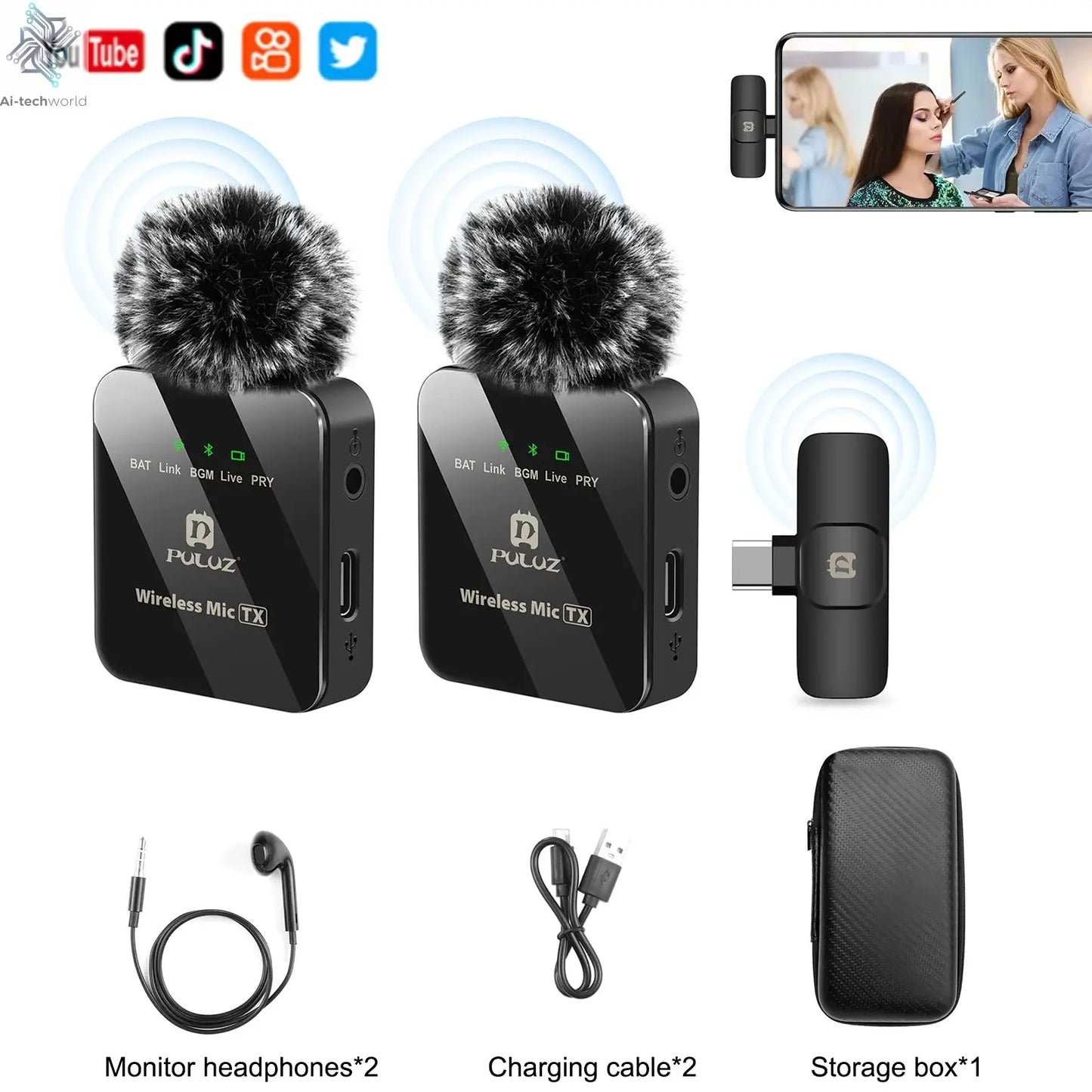 PULUZ 2.4G Wireless Lavalier Microphone Live Broadcast Gaming Microphone For iPhone Type-C Android Camera Audio Video ForYouTube Ai-TechWorld 