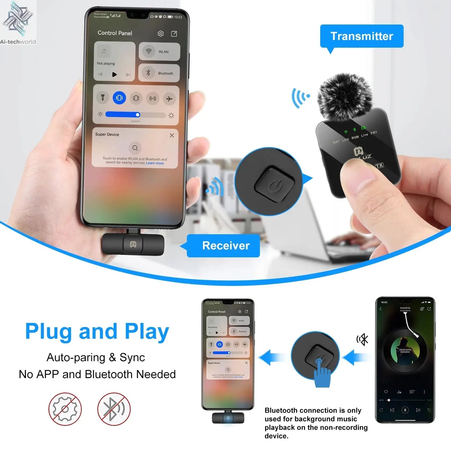 PULUZ 2.4G Wireless Lavalier Microphone Live Broadcast Gaming Microphone For iPhone Type-C Android Camera Audio Video ForYouTube Ai-TechWorld 