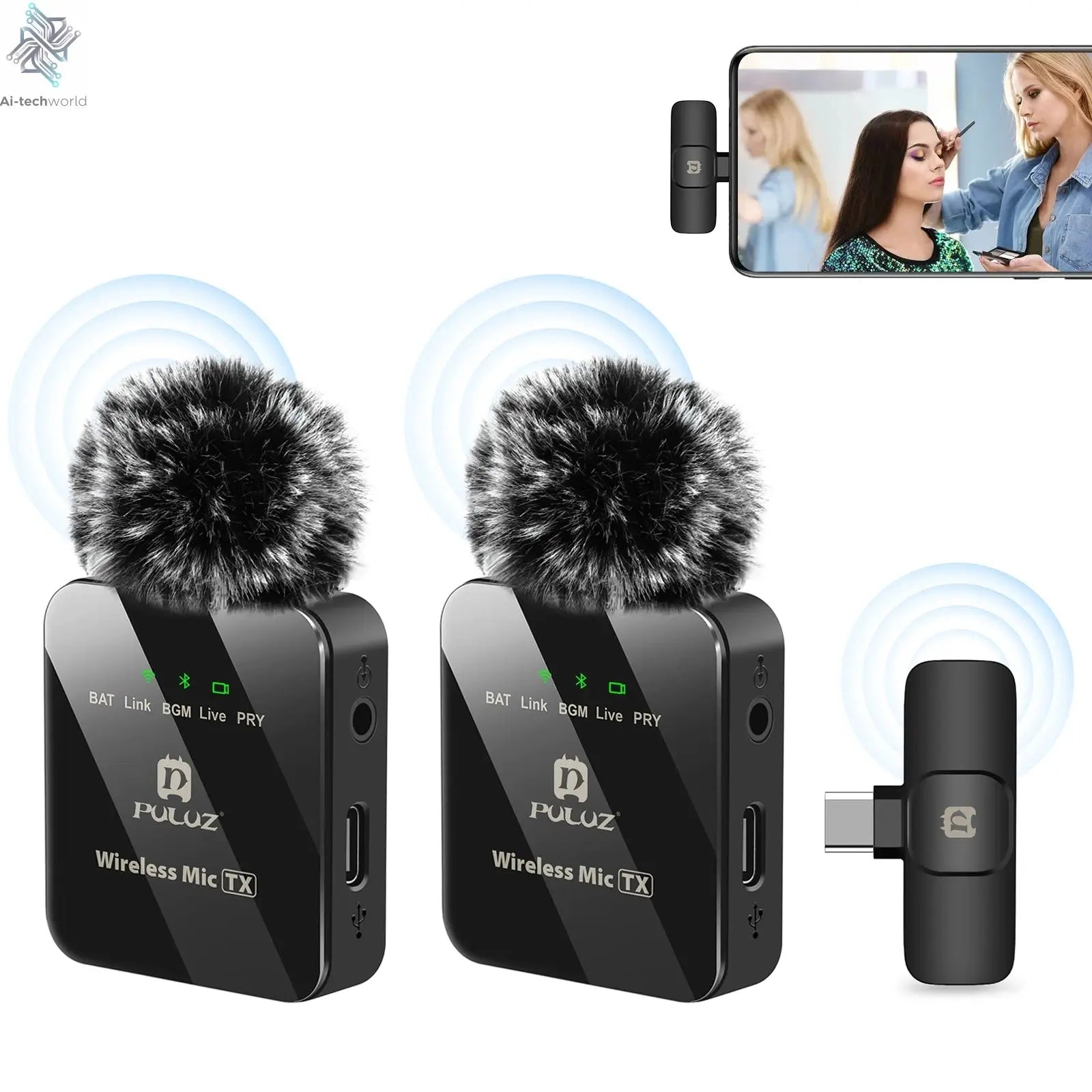 PULUZ 2.4G Wireless Lavalier Microphone Live Broadcast Gaming Microphone For iPhone Type-C Android Camera Audio Video ForYouTube Ai-TechWorld 
