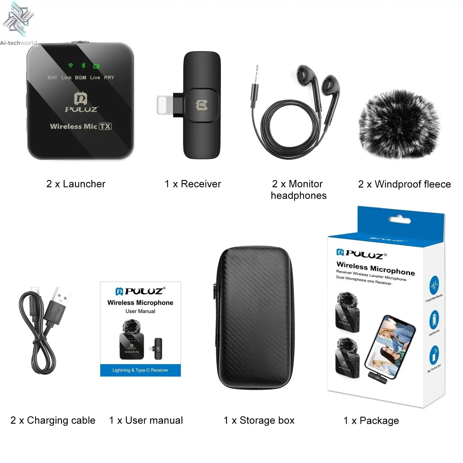 PULUZ 2.4G Wireless Lavalier Microphone Live Broadcast Gaming Microphone For iPhone Type-C Android Camera Audio Video ForYouTube Ai-TechWorld 