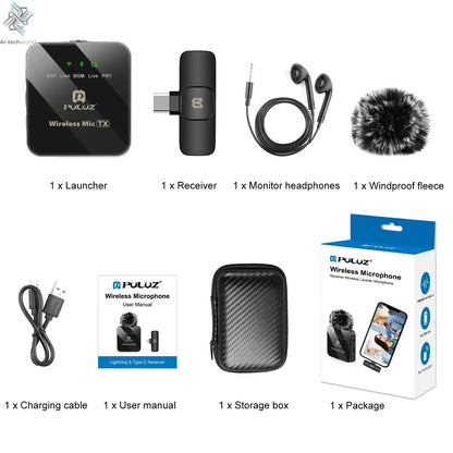 PULUZ 2.4G Wireless Lavalier Microphone Live Broadcast Gaming Microphone For iPhone Type-C Android Camera Audio Video ForYouTube Ai-TechWorld 