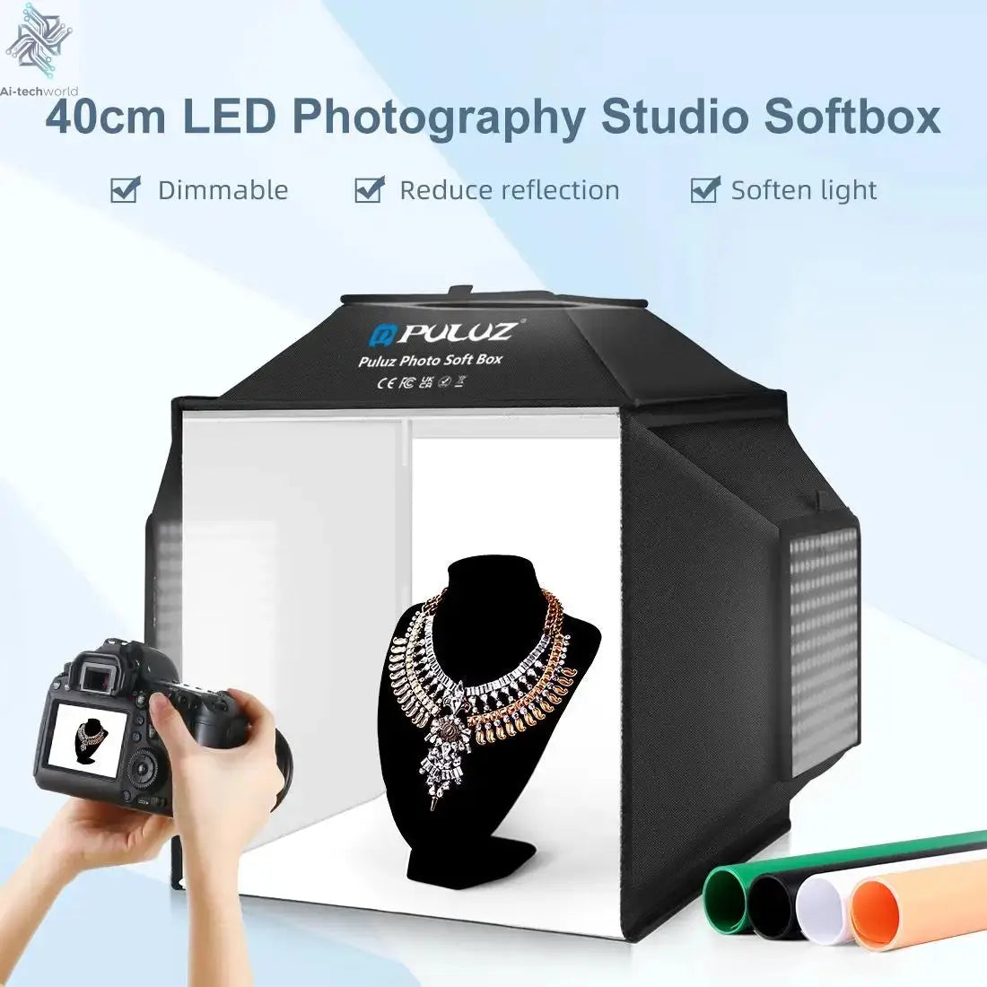 PULUZ 40cm Folding 72W 5500K Studio Shooting Tent Soft Box Photography Lighting Kit with 4 Colors Backdrops LED Photo Softbox Ai-TechWorld 