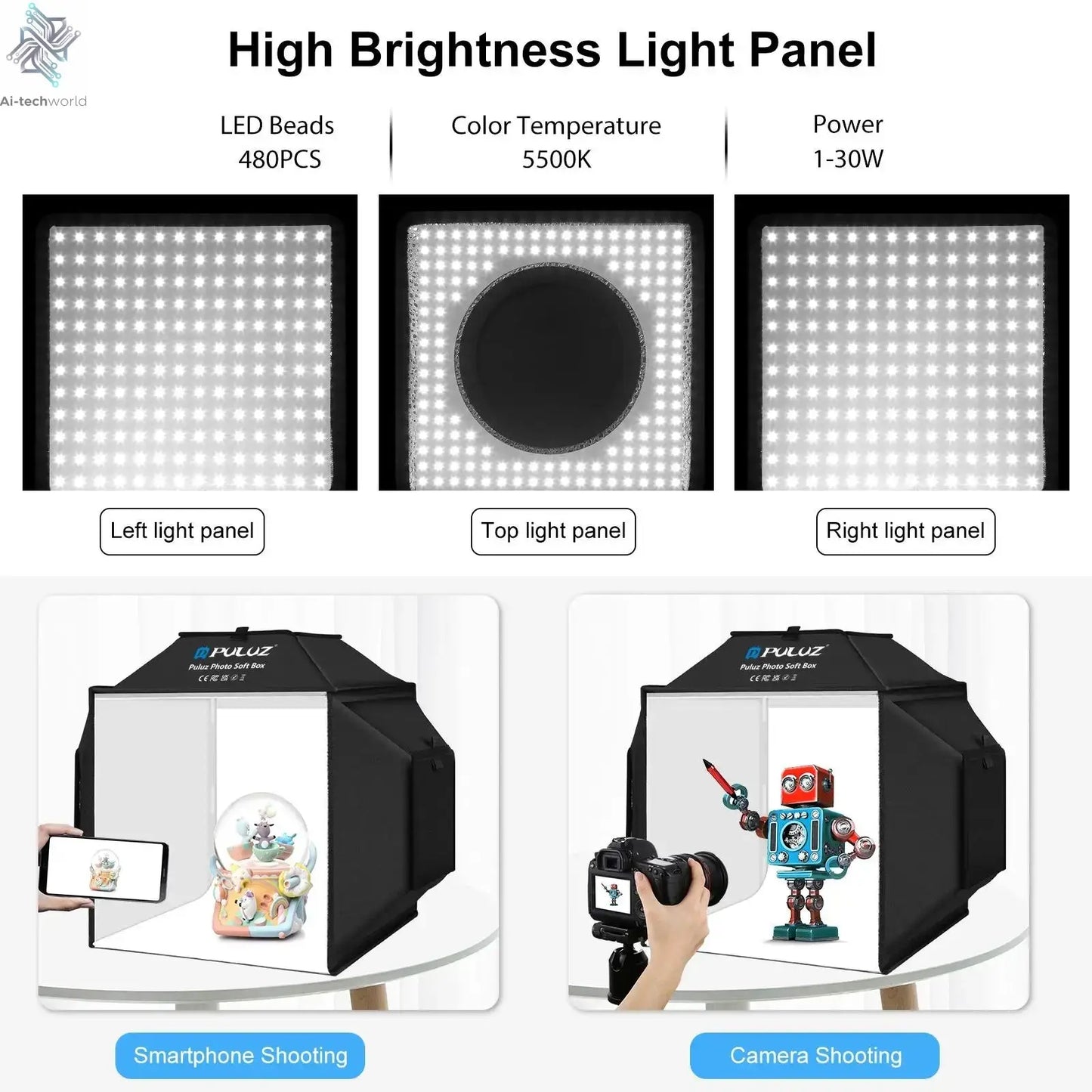 PULUZ 40cm Folding 72W 5500K Studio Shooting Tent Soft Box Photography Lighting Kit with 4 Colors Backdrops LED Photo Softbox Ai-TechWorld 