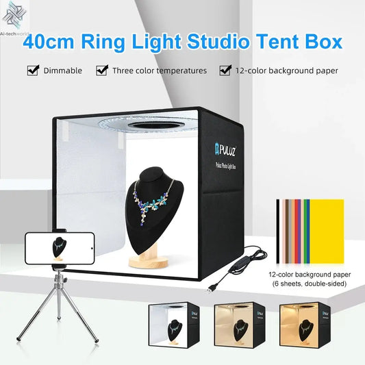 PULUZ 40cm Folding Portable Ring Light USB Photo Lighting Studio Shooting Tent Box with 6 x Dual-side Color Backdrops Photo Box Ai-TechWorld 