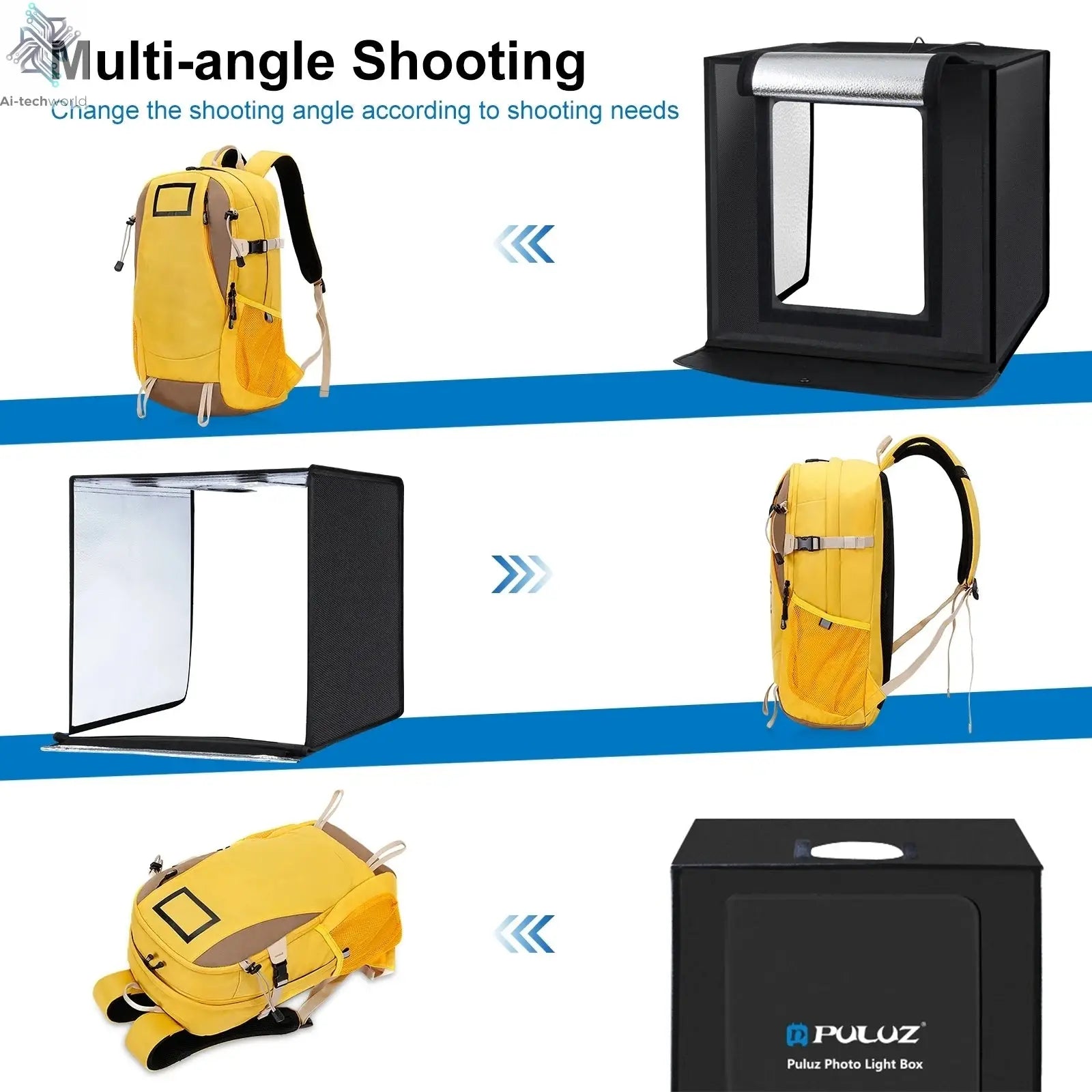PULUZ 60cm Photo Studio Box Portable Light Soft Box LED 5500K White Light Dimmable 36W Photography Tent Kit with 6 Backdrops Ai-TechWorld 