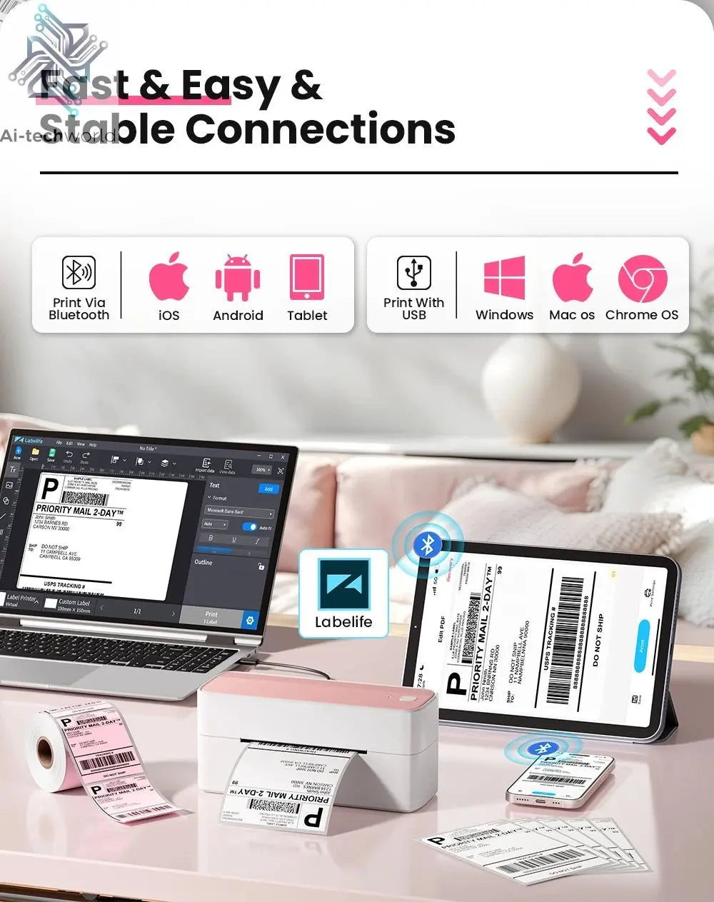 Phomemo 241 Bluetooth Thermal Label Printer Wireless Small Shipping Label Printer 4X6 Compatible with iPhone Android Mac Window Ai-TechWorld