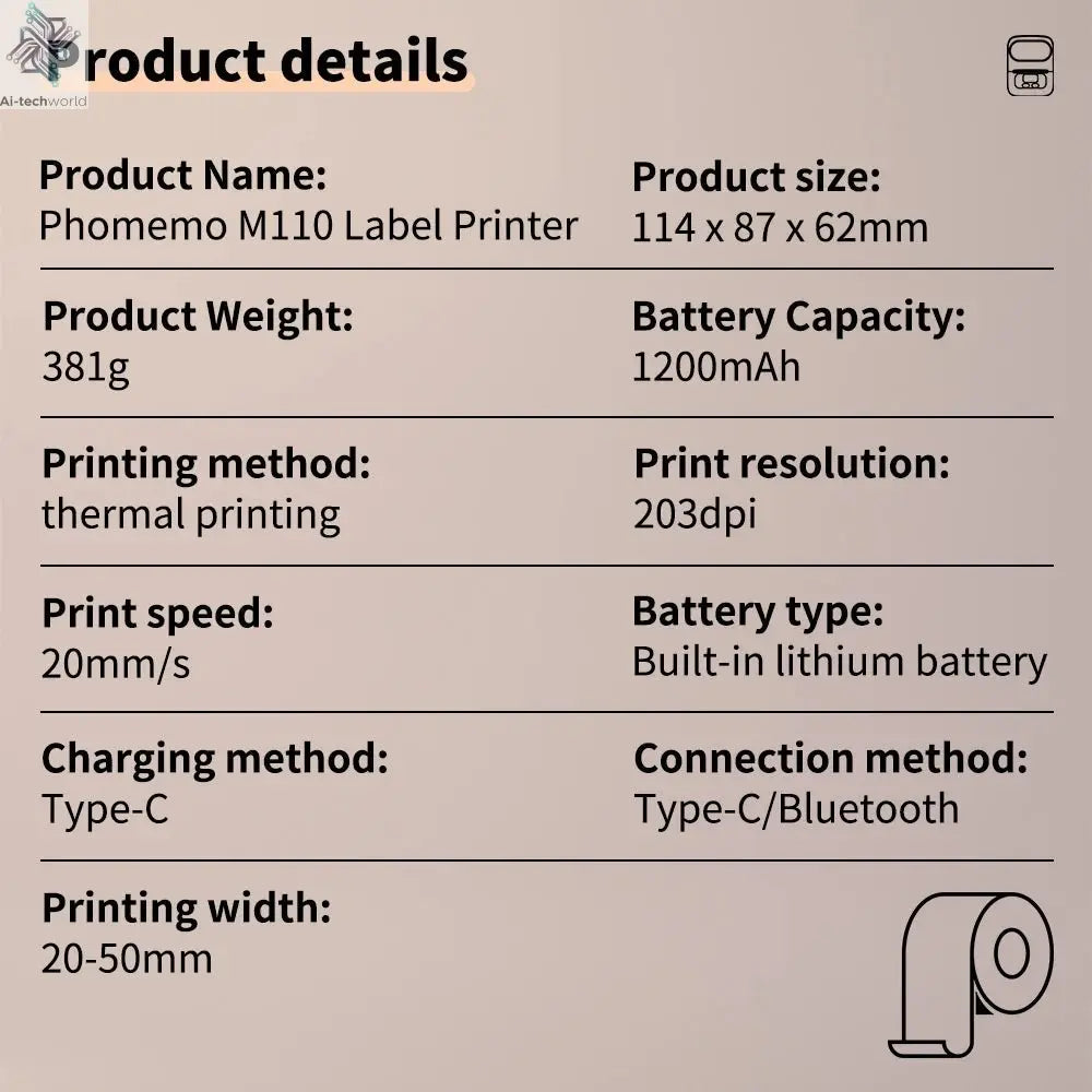 Phomemo M110 Mini Portable Thermal Printer Self-adhesive Label Printer For 3/5/10 rolss Stickers Label Maker Printer Without Ink Ai-TechWorld