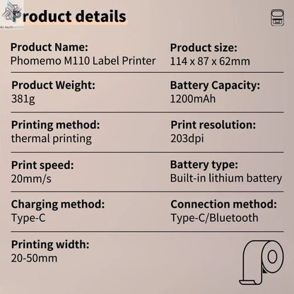 Phomemo M110 Mini Portable Thermal Printer Self-adhesive Label Printer For 3/5/10 rolss Stickers Label Maker Printer Without Ink Ai-TechWorld