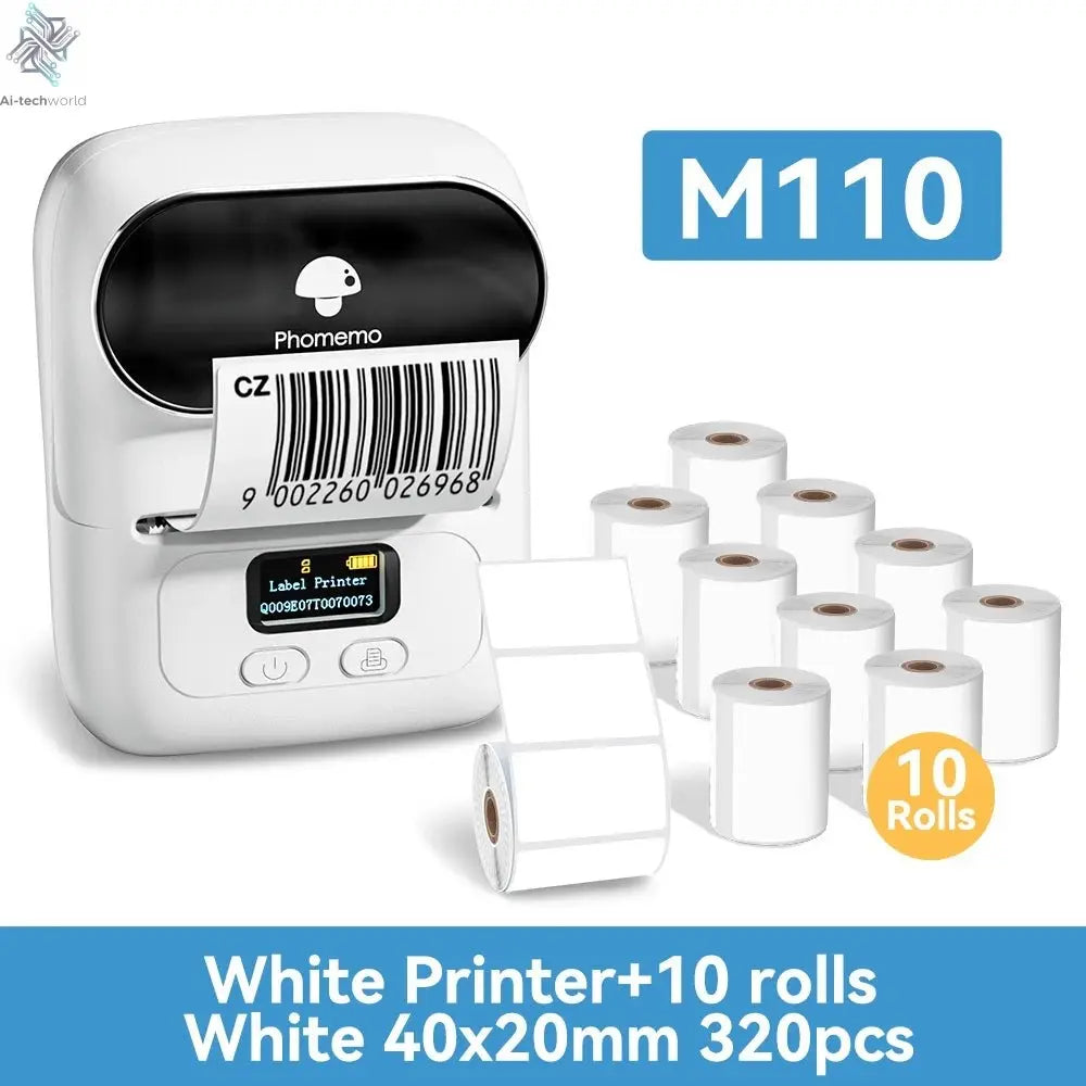 Phomemo M110 Mini Portable Thermal Printer Self-adhesive Label Printer For 3/5/10 rolss Stickers Label Maker Printer Without Ink Ai-TechWorld