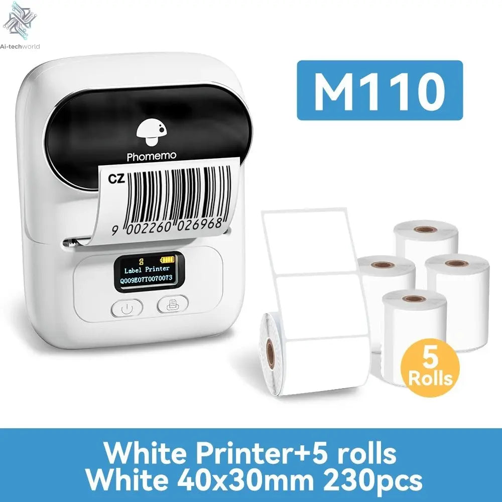 Phomemo M110 Mini Portable Thermal Printer Self-adhesive Label Printer For 3/5/10 rolss Stickers Label Maker Printer Without Ink Ai-TechWorld