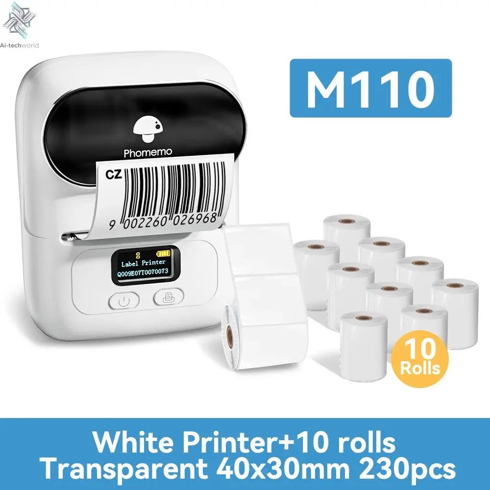 Phomemo M110 Mini Portable Thermal Printer Self-adhesive Label Printer For 3/5/10 rolss Stickers Label Maker Printer Without Ink Ai-TechWorld