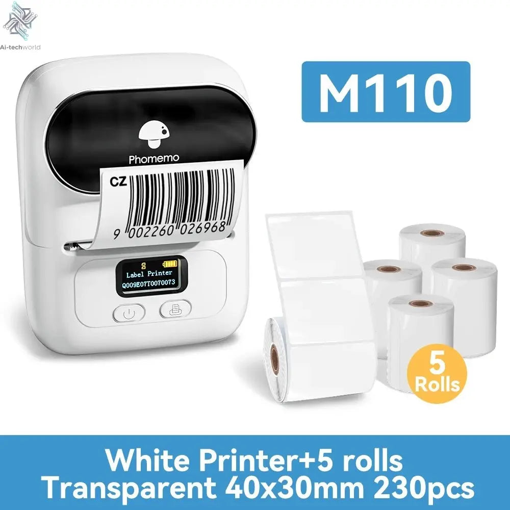 Phomemo M110 Mini Portable Thermal Printer Self-adhesive Label Printer For 3/5/10 rolss Stickers Label Maker Printer Without Ink Ai-TechWorld
