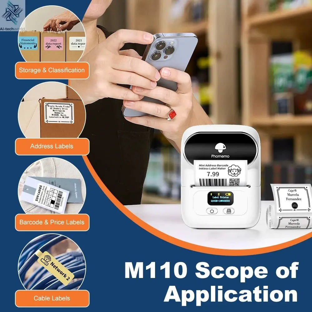 Phomemo M110 Self-adhesive Smart Thermal Label Printer for Business,Barcode Label, Price Tag, Address Wireless Sticker Printer Ai-TechWorld