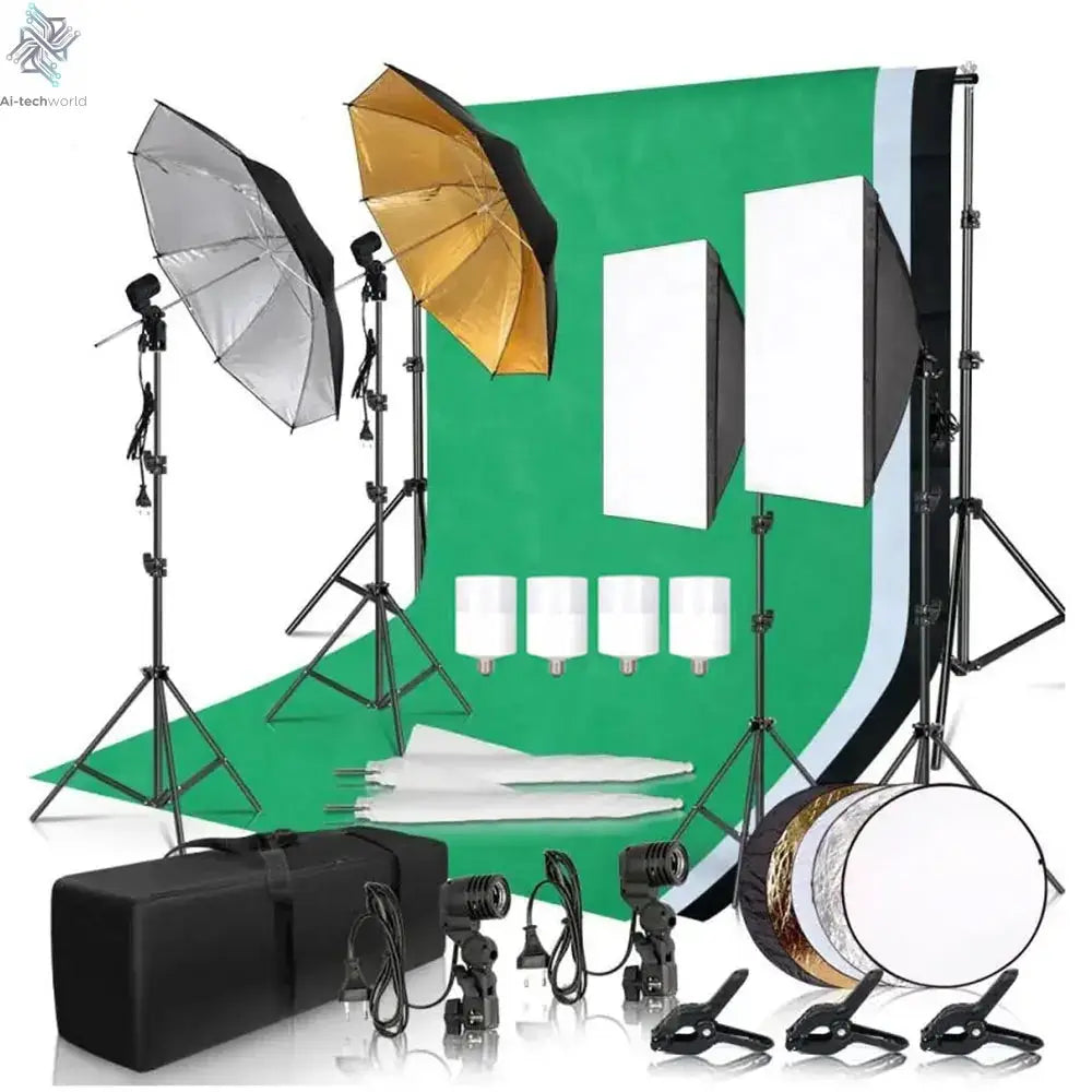 Photography Photo Studio Softbox Lighting Kit With 2.6x3M Background Frame 3pcs Backdrops Tripod Stand Reflector Board 4Umbrella Ai-TechWorld 