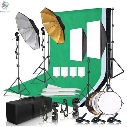 Photography Photo Studio Softbox Lighting Kit With 2.6x3M Background Frame 3pcs Backdrops Tripod Stand Reflector Board 4Umbrella Ai-TechWorld 