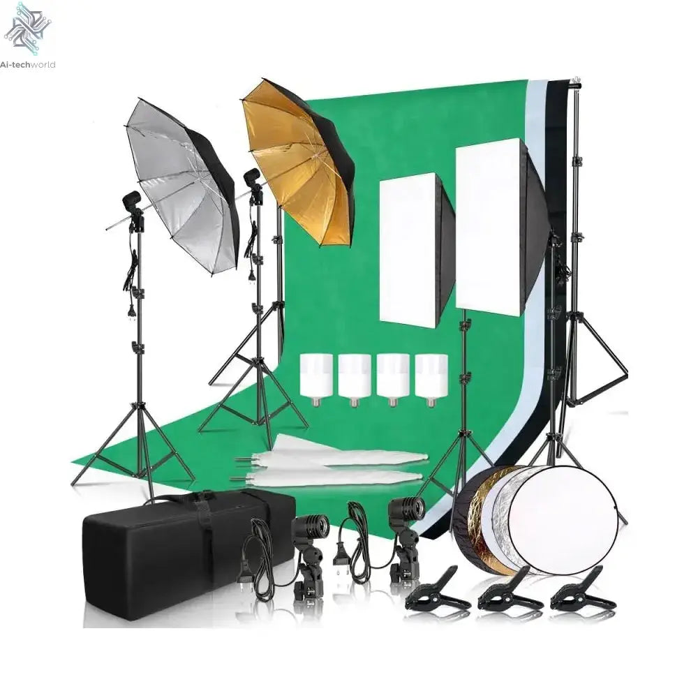 Photography Photo Studio Softbox Lighting Kit With 2.6x3M Background Frame 3pcs Backdrops Tripod Stand Reflector Board 4Umbrella Ai-TechWorld 
